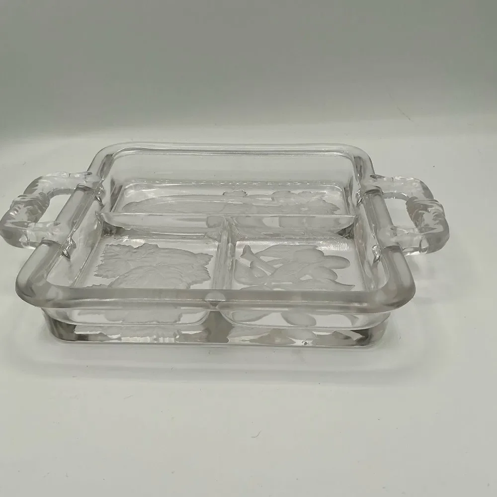 MCM Intaglio 1940's Vintage Clear & Frosted Glass Serving Divided Tray Handles